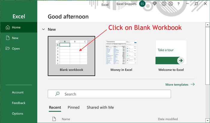 Open a blank Excel workbook